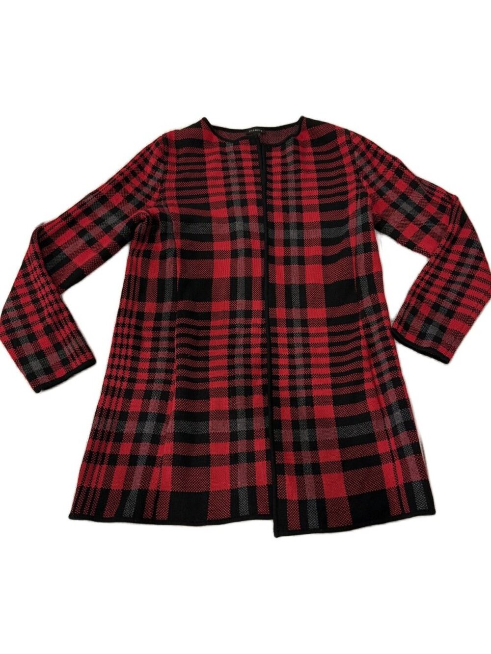 Talbots Women's Plaid Knit Open Front Sweater Jacket Red Black Cotton Size S